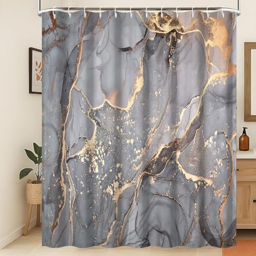 Xiaoterna Tenda da doccia in marmo Tenda da bagno moderna astratta grigio oro Grigio Tenda da doccia impermeabile in tessuto splatter oro Tessuto impermeabile lavabile in lavatrice 180x220cm