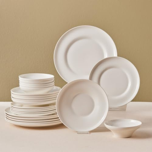 Karaca Streamline Selene White Dinner Set for 6 People - Bone China Plates and Bowl - Kitchen Dinner Service Crockery Set - 24 Piece