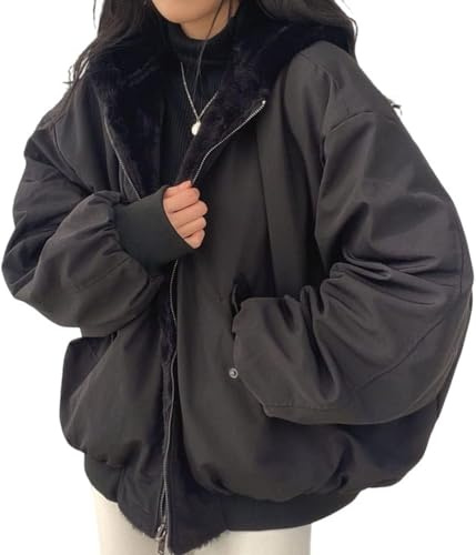 Veste d'hiver pour femmes Manteau Parka réversible avec capuche en fourrure doublée de polaire chaude Veste manteau d'hiver réversible Veste d'extérieur, a noir, M