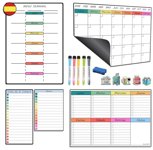 BuMart - Pizarra Nevera Magnética - Set de 5 Piezas con Calendario Magnético Nevera, Menú Semanal, Lista de Notas y Compras - Organizador Semanal con 5 Bolígrafos y Borrador