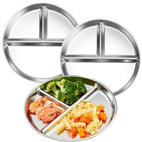 Qshare Baby Teller 3 Stück Edelstahl Kinderteller, 23 cm Rutschfest Kinder Tischset mit Saugnäpfen,Geteilte Standfeste Babyteller, Kleinkind Teller (Edelstahl Kinderteller)