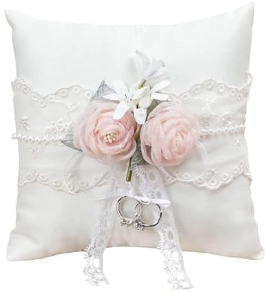 Nisone Ringkissen für Hochzeitsringe, Satin, Ringkissen, Spitze, Blume, dekoriert, für Hochzeitsantragszeremonie, 20 x 20 cm, Weiß