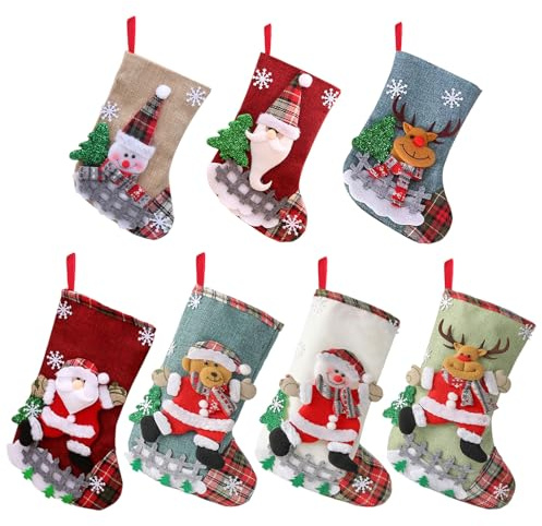 WUSUPU Calza di Natale Set 7 Pezzi Calze Natalizie da Appendere,Calzini Decorativi Natalizi,Calza di Natale Camino,per la Famiglia Decorazione di Natale Xmas Character Holiday Party Decor