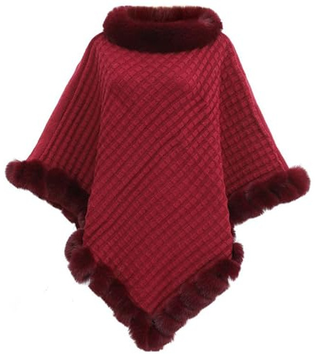 NLAND Women's Knitted Poncho Soft Elegant Cape Coat Winter Warm Shawl Wrap with Faux Fur Collar Trim for Fall Winter(Burgundy)