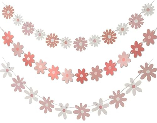 Srvauyea 3 Packs Rosa Gänseblümchen Banner, Gänseblümchen Boho Banner Party Dekorationen, Gänseblümchen Blumen Hängebanner Papier Girlande, Rosa Daisy Garland für Mädchen Geburtstagsdeko Party Zubehör