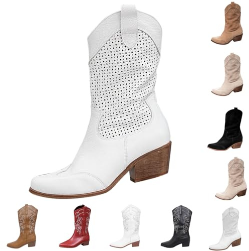 HOOUDO Stivali Texani Donna Cowboy Western Scarpe da Donna Punta Camperos Etnici Camperos Stivali con Tacco Western Traforati Stivaletti Texani a Punta Cowboy