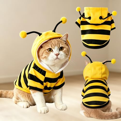Costume Halloween Gatto,Costume Ape Gatto,Vestito Cappuccio Halloween per Cane e Gatti,Vestiti Ape per Animali Domestici,Felpa Ape Caldo per Cani di Taglia Piccola e Media XS