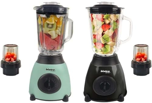Bistro Chef 2-in-1 Nuts Ice Crushing Mixer Blender 850W, Professional Handheld Kitchen Blender 1.5L for Smoothie Maker, Fruit Juice, Shake, Made from Glass & Stainless Steel (Green & Black, Pack of 2)
