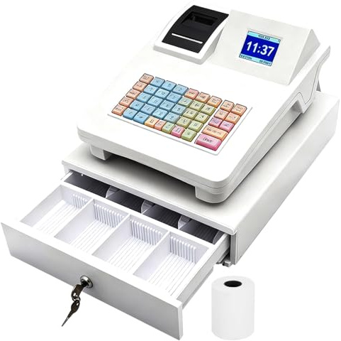 Caisse électronique - Caisse enregistreuse - Supermarché - Système de caisse avec LED - 48 touches - Pour petits tiroirs de caisse pour restaurants, supermarchés, magasins de commodité - Blanc