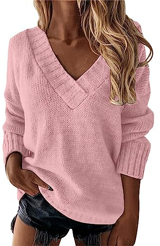 Maglie Donna Inverno Maglioni Cashmere Donna Maglioni Larghi da Sexy Scollo A V Manica Lunga Maglione Lavorato A Maglia Pullover Felpa Top Maglia Plaid Maglieria Autunno Pink L
