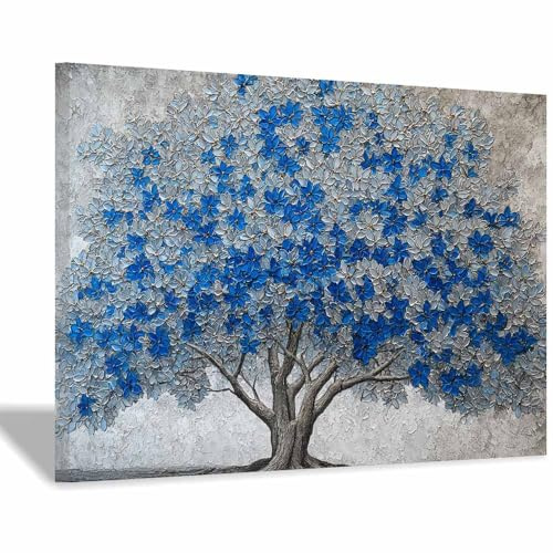 HOQIU decorazione da parete Rilievo dell'albero dei fiori blu albero della vita quadri, quadri in tela, per cucina, soggiorno e bagno(Multicolore)-80x120cm Incorniciato
