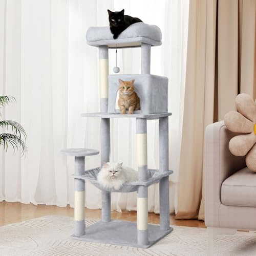 Skylos 145cm Cat Tree for Large Cats, Cat Tower with 51x41cm Extra Large Cozy Hammock, Multi-Level Indoor Cat Climbing Tree with Scratching Posts, Comfortable Condo & Ladder Pet Activity Centre, Grey