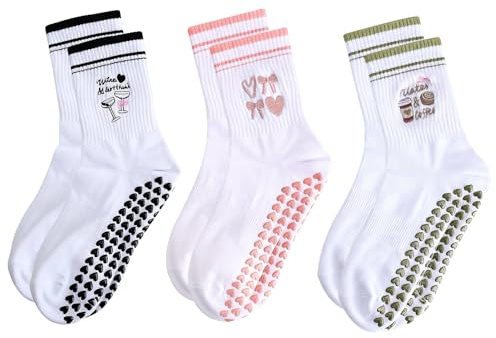 VOSSOT 3 Paar Pilates Socken Damen– Weiche Baumwoll Yoga Socken mit Herzdesign, Stoppersocken Damen mit Noppen für Stabilen Halt – Rutschfeste Grip Socks für Pilates Reformer Zuhause, Ballett, Fitness