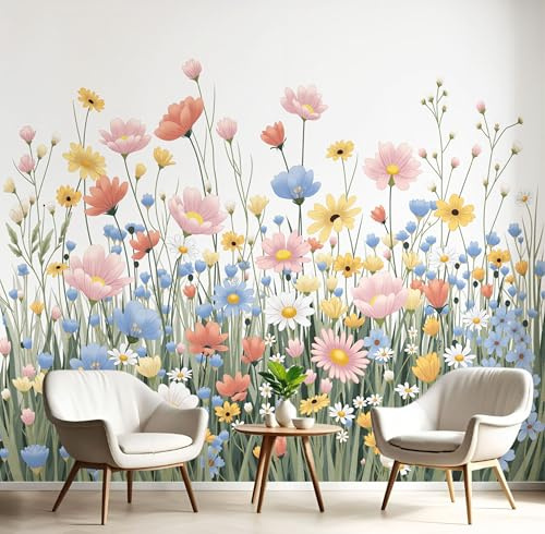 Carta Da Parati Fotografica Acquerello Fiori Di Campo, Primavera Margherite Poster Giganti Da Parete, Fotomurale 250×170cm Non Tessuto Murale, Bianco Decorazione Da Muro Per Soggiorno