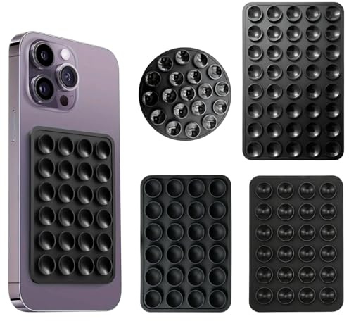 4 Pezzi Ventosa per Telefono in Silicone, Supporto Cellulare Adesivo e Biadesivo per Selfie e Video, Ventose per Smartphone Compatibile con e, Nero (4 Modelli Diversi)