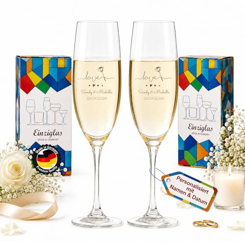 glastal Personalisiert Sektgläser mit Gravur Namen Datum Hochzeit Geschenk | Leonardo Sektgläser 2er Set, Hochzeitsgeschenk für Brautpaar, 200ml Geschenk zur Verlobung Jahrestag (Herz) - Made in Germany