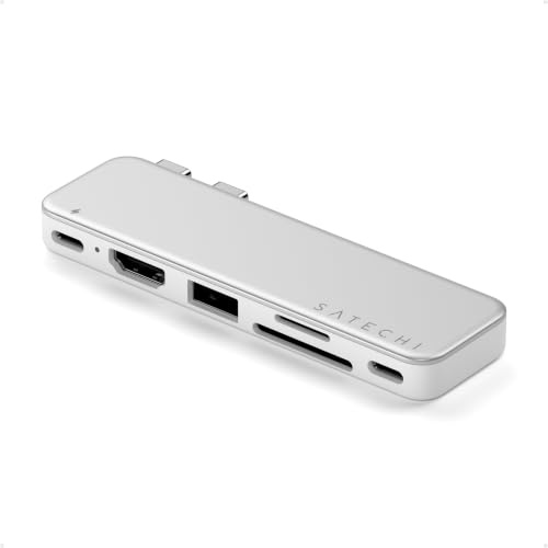 SATECHI Snap Hub USB C 6 en 2 para MacBook Neo, Carga 45W, HDMI, Plata | Diseñado para MacBook Neo con doble conector integrado, 4K@60Hz, Lectores SD/microSD, USB-A y USB-C 5Gbps