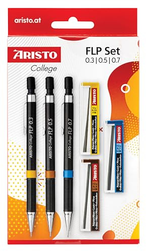 Aristo AR23559 Druckbleistifte College FLP 3er Set (Minen 0.35/0.5/0.7 mm, Härtegrad HB, inkl. Ersatzminen) schwarz