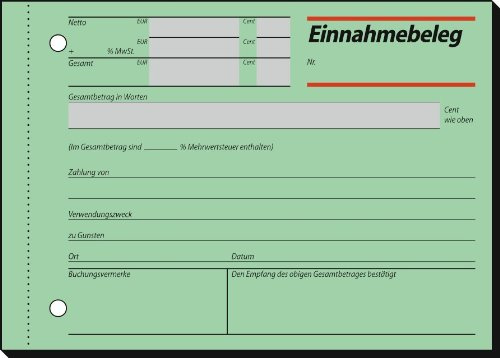 Sigel EB615 Einnahmebeleg, Papier grün, mit Sicherheitsdruck, A6 q, 5 Stück á 50 Blatt