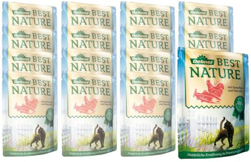 Dehner Best Nature Katzenfutter, Nassfutter, für ausgewachsene Katzen, Lachs/ Huhn / Kartoffel, 16 x 85 g Beutel (1.36 kg)