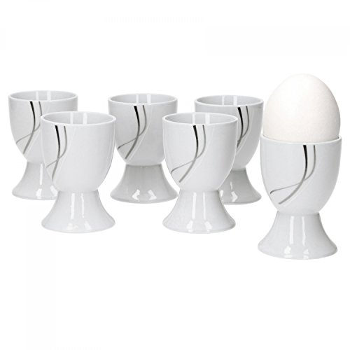 Van Well 6er Set Eierbecher Silver Night einzeln, rund Ø 50 mm, H 70 mm, Eierständer hoch, Egg Cup, weißes Hotelporzellan, abstraktes Dekor, Gastro-Geschirr