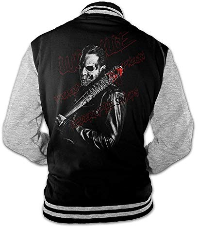 Monkey Print Homme Veste de College Negan Tête de Mort Saviors Marche Mort-Vivant Mort Lucille Veste Baseball - Noir/Gris, XL