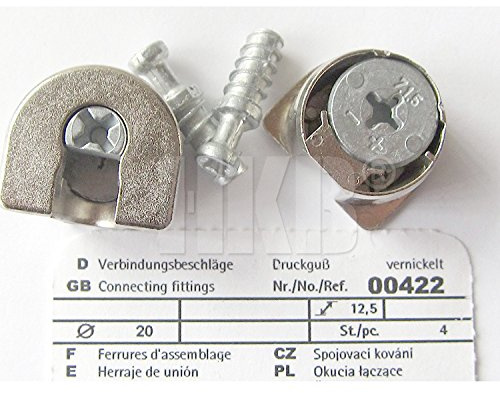 HKB ® 4 Stück EXENTER VB Verbindungsbeschläge zum Einbohren, ø 20 mm, Zinkdruckguss vernickelt, Hersteller Hettich, Artikel-Nr. 422