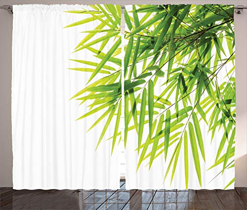 ABAKUHAUS Grün Rustikaler Gardine, Bambusblatt-Frieden, Schlafzimmer Kräuselband Vorhang mit Schlaufen und Haken, 280 x 245 cm, Grün und Weiß