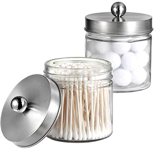 SheeChung 2-Pack Brushed Nickel Mason Jar Qtip Holder - Glass Apothecary Jars Bathroom Organizer - Rust-Proof Stainless Steel Lid for Cotton Swabs, Balls, Pads, Flossers - Modern Farmhouse Decor