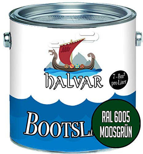 Halvar Bootslack Grün RAL 6000-6037 Yachtlack GLÄNZEND Bootsfarbe Yachtfarbe PU-verstärkt für Holz & Metall verstärkt extrem belastbar hochelastisch Schiffslackierung (1 L, RAL 6005 Moosgrün)