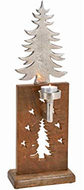 Edler Teelichthalter Kerzenhalter Tannenbaum aus Metall und Mangoholz (Silber-braun) B15 x H42 x T7cm