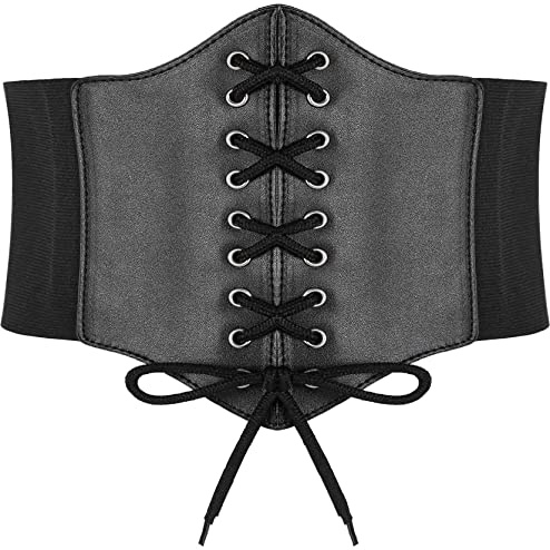 Hoerev Women Girls Elastic Wide Band Elastic Tied Waspie Corset Waist Belt，Black with steel button，S