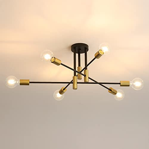DAXGD Ceiling Lights Living Room, 6 Light e27 Sputnik Ceiling Light, Black and Gold Lamp Vintage for Living Room, Bedroom, Dining Room, Kitchen 14 x 11 x 38 Cm [Energy Class E]