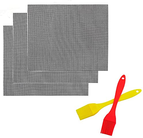Ensemble de 3 tapis de gril ， Grille tapis de gril，Tapis de gril réutilisables, revêtement antiadhésif ， Avec 2 brosses à huile （40 * 33cm）