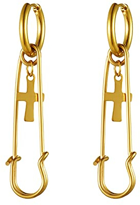 JewelryWe Schmuck Herren Damen Ohrringe Creolen mit Sicherheitsnadel & Kreuz Anhänger Edelstahl Ohrstecker Ohrpiercing für Damen Silber Gold Schwarz
