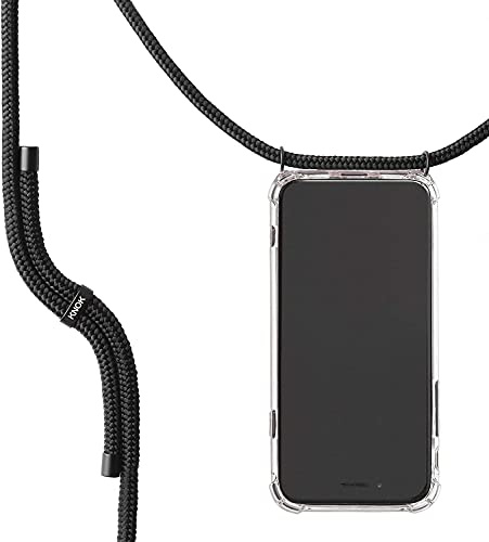 KNOK Premium Handykette für Apple iPhone 13 Pro, All Black, transparent | Silikonhülle mit fest verbundener Kordel zum Umhängen, stoßfest, ideal für Festival, Konzert oder Alltag, robust