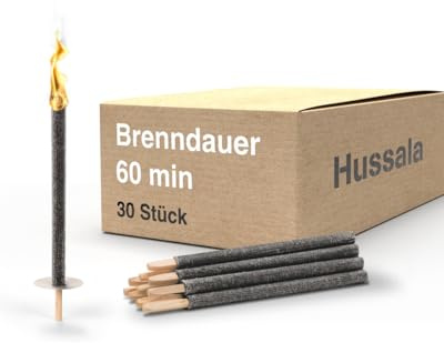 Hussala Diamond Wachsfackeln [30 Stück / 60 min] mit Holzstab und Tropschutz, Garten Fackeln aus Diamond-Wachs