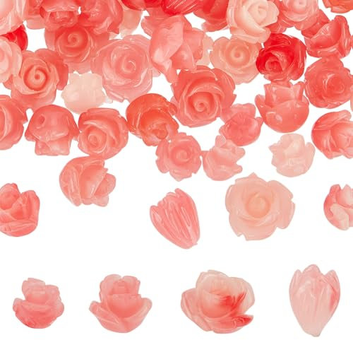 OLYCRAFT 60 Stück 4 Größen Rosenblütenperlen Synthetische Korallenperlen 3D Rosa Rosenperlen Rose Geschnitzte Lose Perlen Florale Abstandsperlen Für Armbänder Halsketten Schmuckherstellung