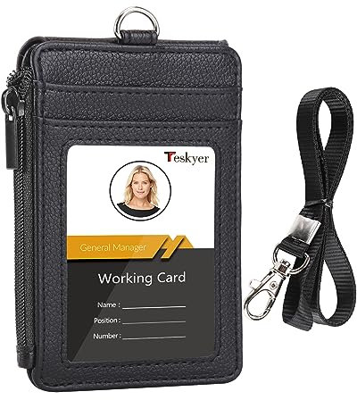 Teskyer Ausweishülle mit Band, mit Reißverschluss, PU Leder, 1 durchsichtiges Ausweisfenster und 3 Kartenfächer, Schwarz