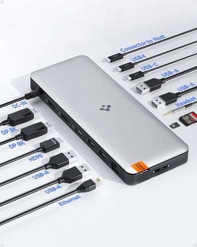 Spigen ArcDock Pro 14 in 1 Docking Station, Hub Doppio Monitor 8K 4K HDMI DP Thunderbolt 4 Dock USB4 96W Micro/SD 4.0 Ethernet per MacBook Pro/Air/M1/M2 Windows [Cavo USB C, adattatore incluso]