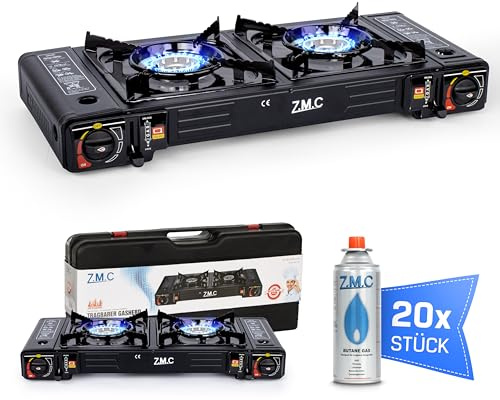 Z.M.C Réchaud à gaz de camping à 2 feux avec 20 cartouches de gaz de 227 g, 2,5 kW avec adaptateur pour raccordement GPL + mallette de rangement - Réchaud de camping avec allumage piézoélectrique