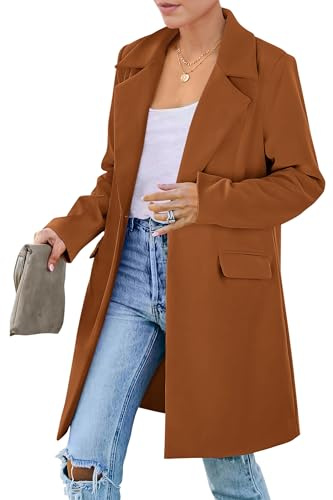 PRETTYGARDEN Women's 2025 Fall Long Blazer Jackets Long Sleeve Lapel Pockets Loose Fit Work Casual Blazers Outerwear (Brown,Large)