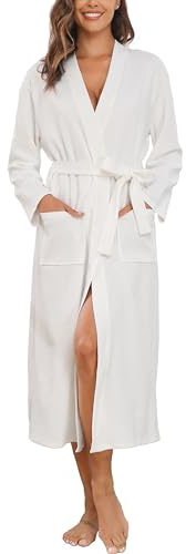 Sopesil Women Dressing Gown Waffle Full-Length Robe Lightweight Luxury Bathrobes Soft Loungewear Sleepwear Spa and Hotel for All Year White,L