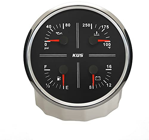 KUS 110 mm 4 in 1 Multifunktionsmessgerät Öldruck Kraftstoffstand Wassertemperatur Voltmeter 12 V mit Hintergrundbeleuchtung wasserdicht für LKW SUV (schwarz+edelstahl)
