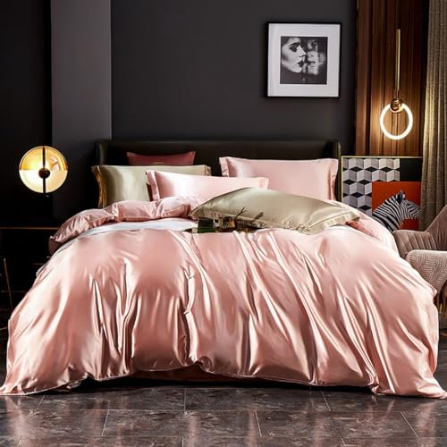 Freyamy Sommer Bettwäsche 155x220cm Kühlende Rosa Satin Polyester Seidig Glatt Bettwäsche-Sets Unifarben Glänzend Sommerbettwäsche 1 Bettbezug mit Reißverschluss und 1 Kissenbezug 80x80cm