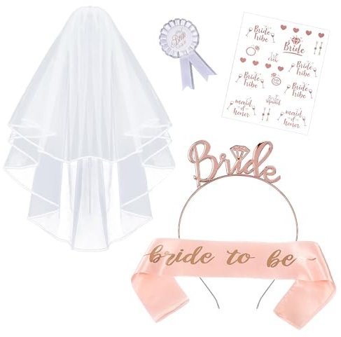 SYEYCW 5 Stück Accessoires für Bride to Be, mit Braut Schärpe, Schleier, Abzeichen, Rosegold Tiara, Tattoos, Bride to Be Schärpe, Jungesellinnenabschied Frau Accessoires, Braut Bachelorette Party Deko