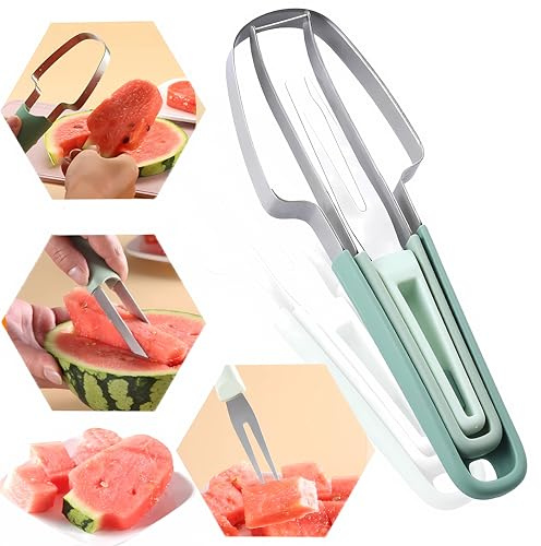 FMOYSIEN 3-in-1 Watermelon Cutter Slicer Tool,Stainless Steel Watermelon Cutter Watermelon Popsicle Cutter Mold Watermelon Fork Fruit Cutter Tool for Kitchen Utility Gadgets