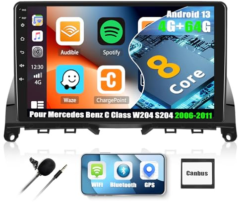 4G+64G CAMECHO Android 13 Autoradio per Mercedes-Benz Classe C W204 S204 2007-2010 con Navi Carplay Android Auto, 8Core丨9 Pollici Schermo Radio 2 Din con Bluetooth RDS/FM WiFi Mirror Link DSP