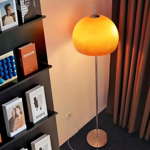 KONJEELIO Lámpara De Pie Moderna De Siglo LED De 2 Luces, Lámpara De Pie Alta De Hongo, Con Pantalla De Vidrio De Cúpula Naranja, Lámpara Alta De Poste De Color Cromo For Lámpara De Pie De Dormitorio