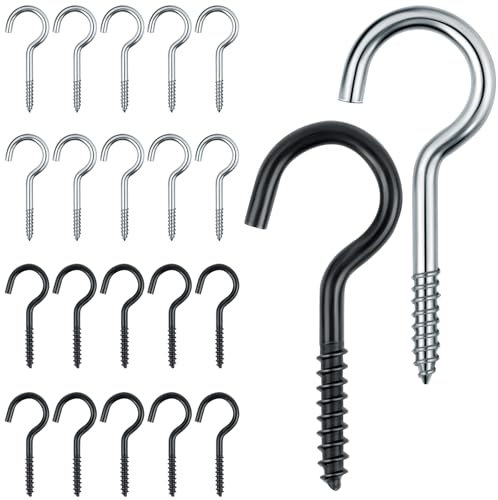 AiQInu Ganci a Vite 40mm, 20 Pezzi Ganci Avvitabili in Acciaio Inox per Lampade Chiavi Tazze da Tè e Altri Ornamenti (Nero, Argento)